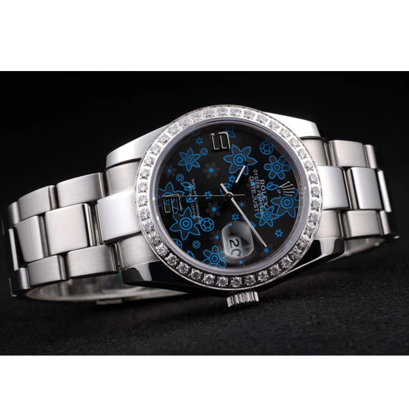 Good Copy Rolex Watches Dial Plated Stainless Steel Datejust Rolex Dark Diamond Polished Flowers Blue 0825
